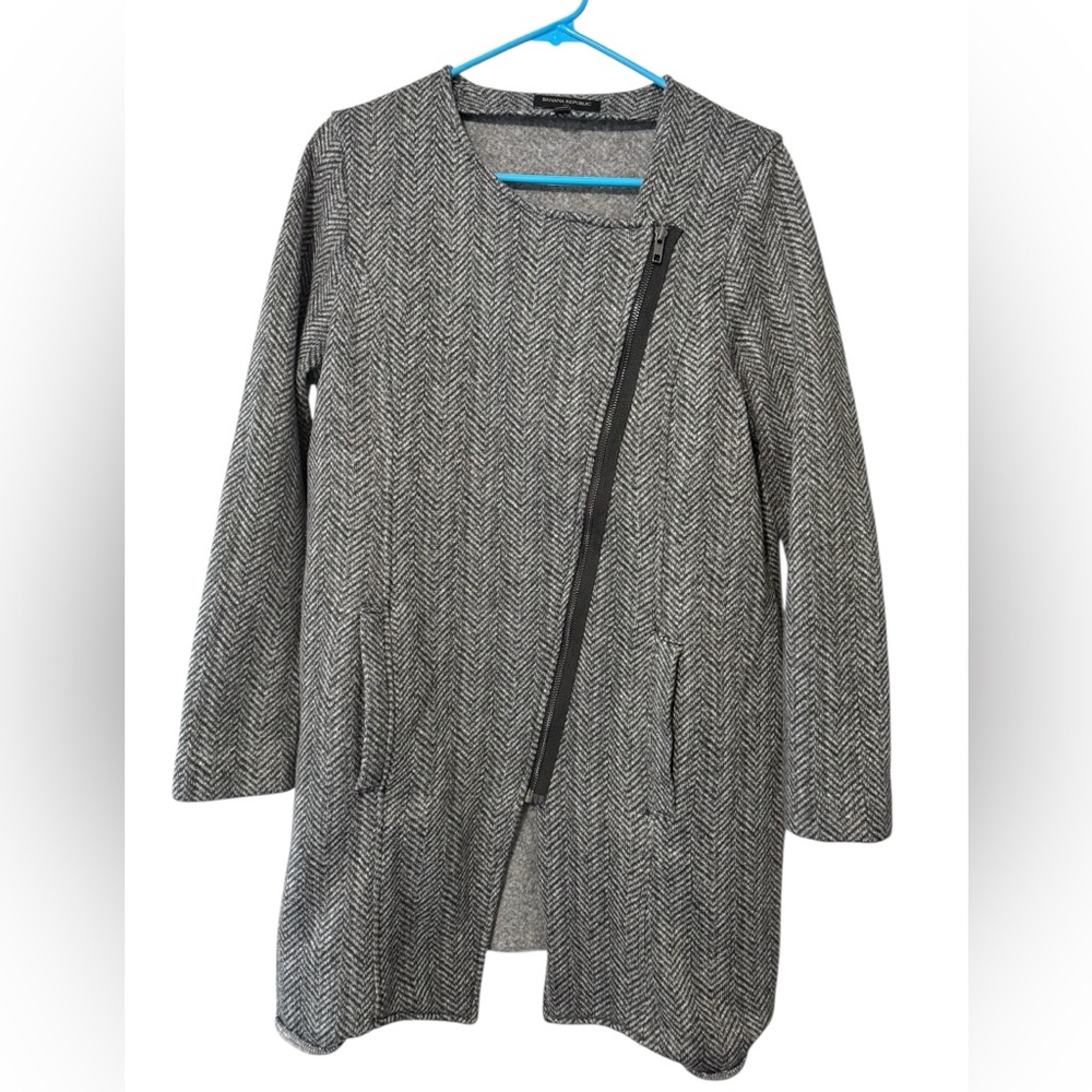 Banana Republic Gray Angle Zip Moto Sweater Jacket size Large Herringbone